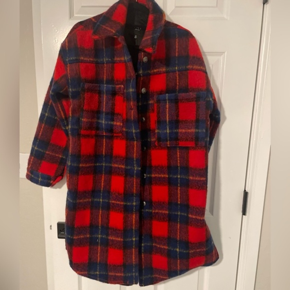 Oat New York Women's Blue & Red Acrylic plaid Button Up Side Slit Shacket Coat M